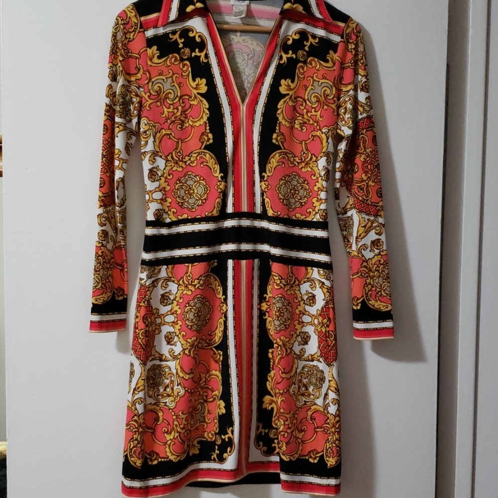 Cache long sleeve dress, scarf print